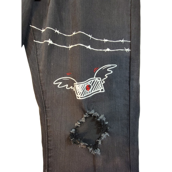 THRT Size 36 Black Distressed Jeans Graffiti Barbwire Spider Web Money Rope Belt - Picture 7 of 9